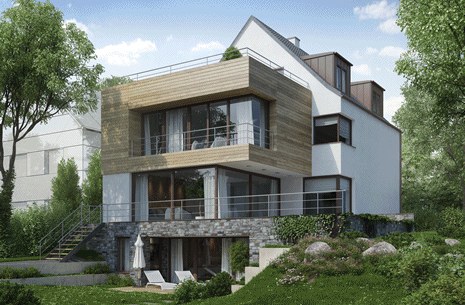 Wohnhaus am Rhein mit Holzverkleidung nach dem Umbau
